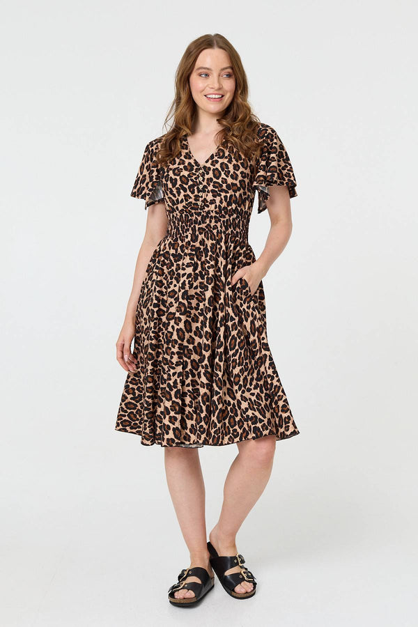 Beige | Animal Print Shirred Knee Length Dress