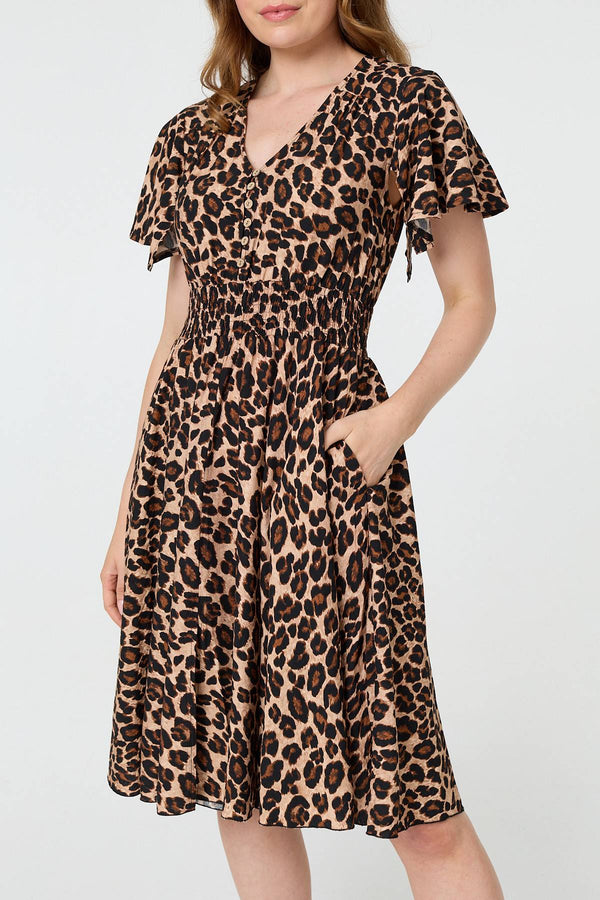 Beige | Animal Print Shirred Knee Length Dress