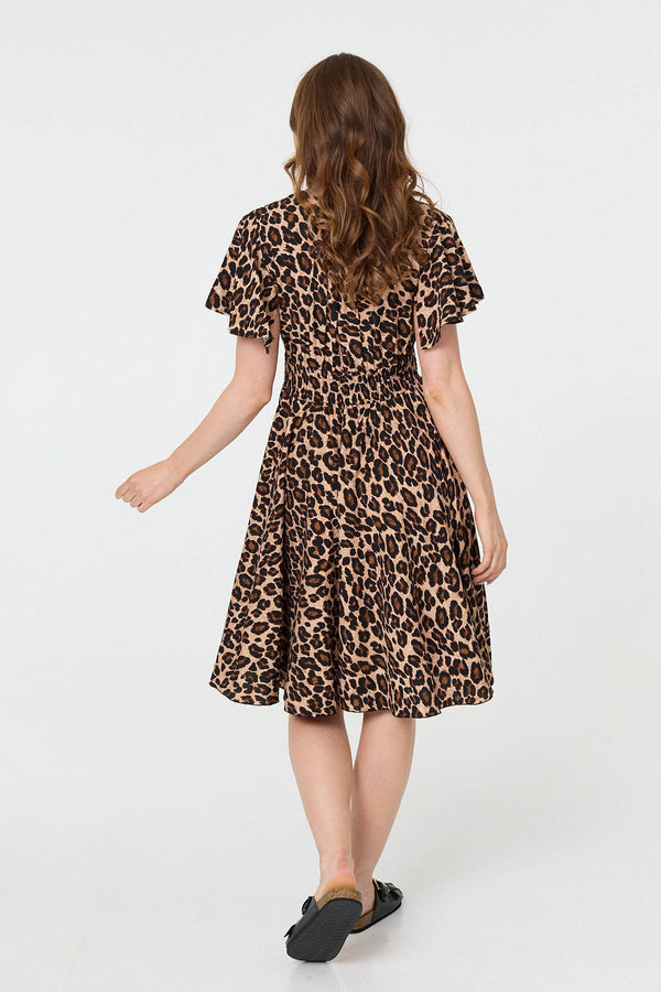 Beige | Animal Print Shirred Knee Length Dress