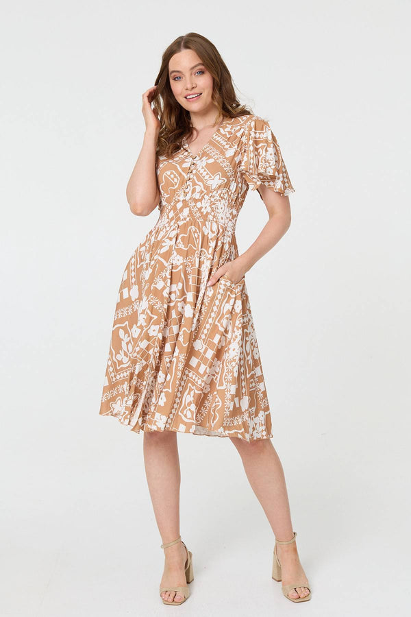 Brown | Printed Shirred Knee Length Dress