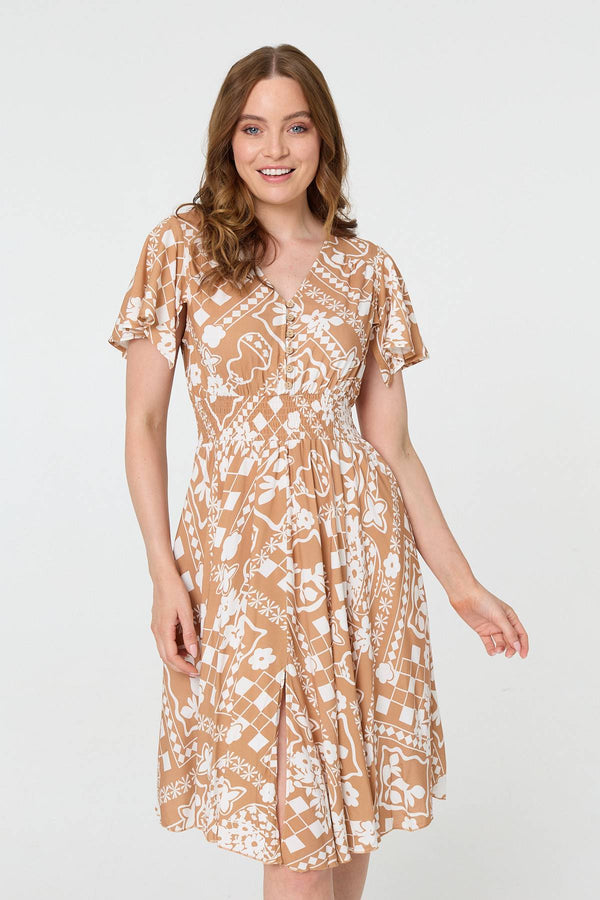 Brown | Printed Shirred Knee Length Dress