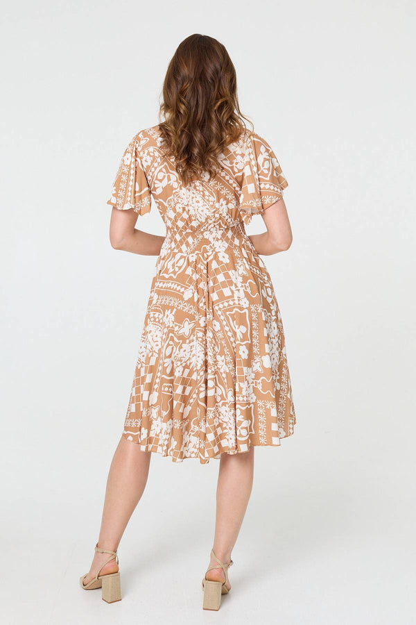 Brown | Printed Shirred Knee Length Dress
