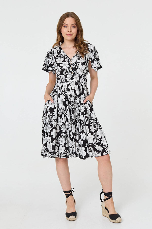 Black | Floral Shirred Knee Length Dress