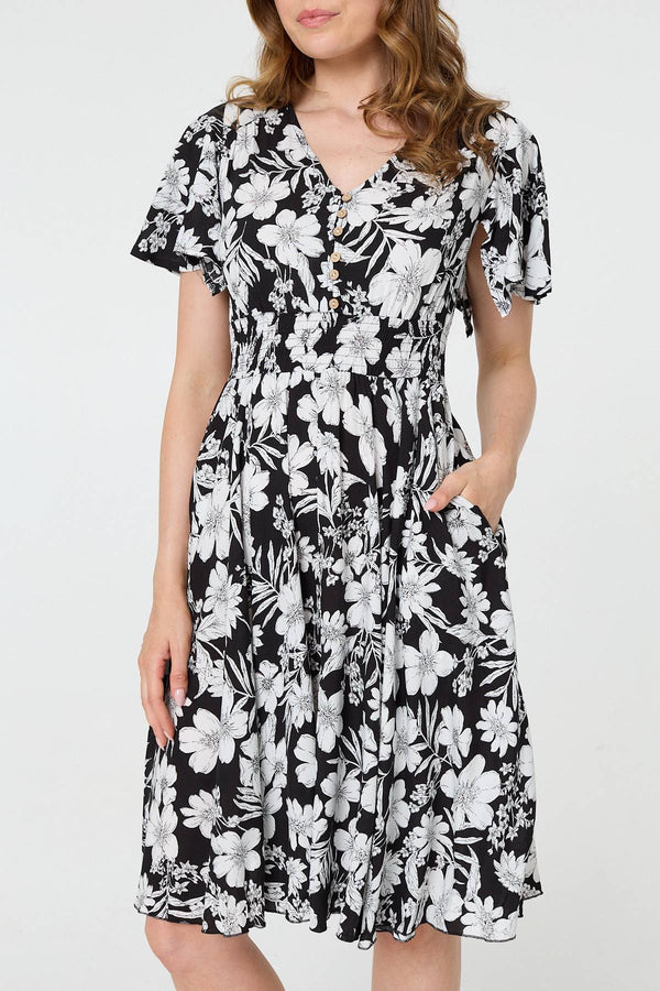 Black | Floral Shirred Knee Length Dress