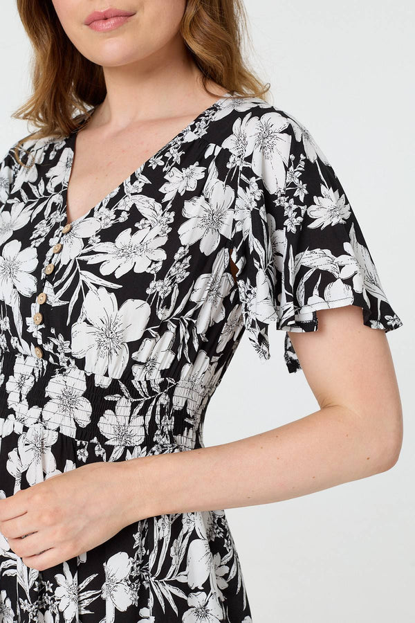 Black | Floral Shirred Knee Length Dress