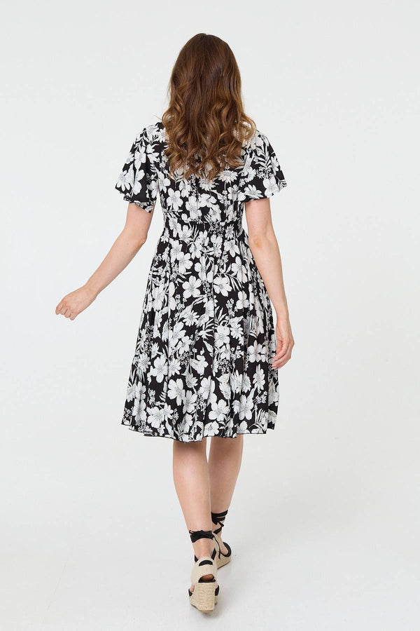 Black | Floral Shirred Knee Length Dress