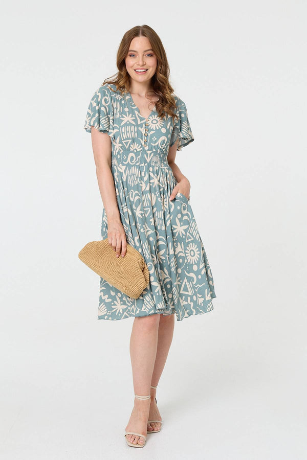 Sage | Abstract Print Shirred Knee Length Dress