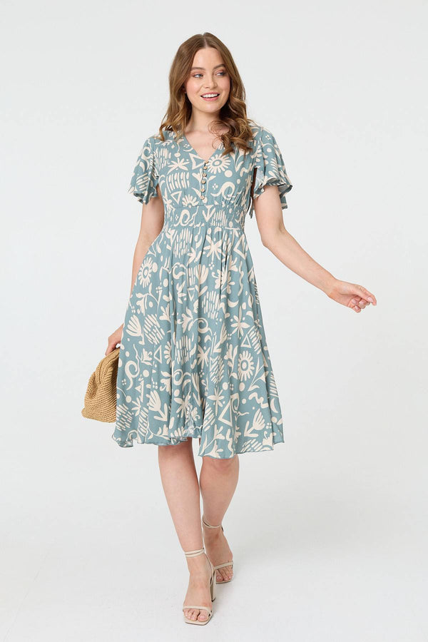 Sage | Abstract Print Shirred Knee Length Dress