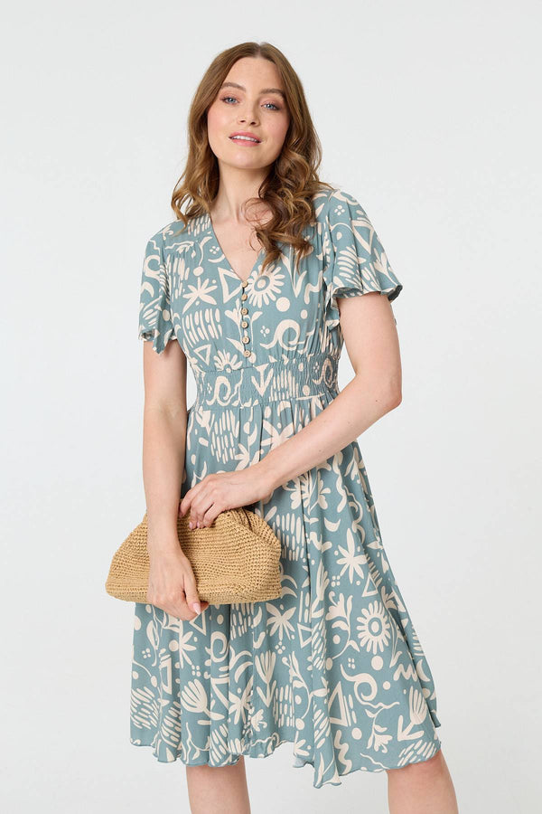 Sage | Abstract Print Shirred Knee Length Dress