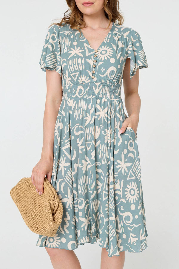 Sage | Abstract Print Shirred Knee Length Dress