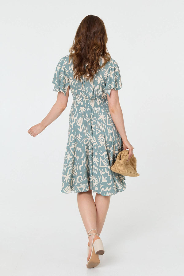 Sage | Abstract Print Shirred Knee Length Dress