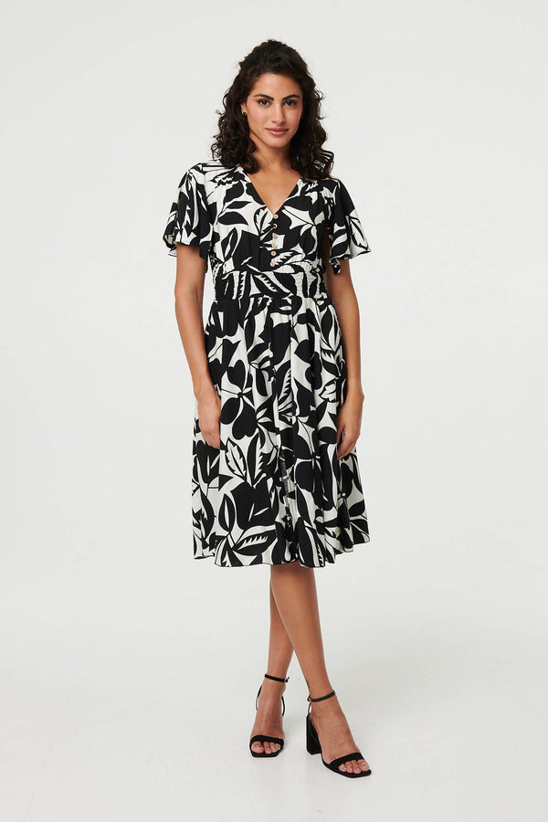 Black | Leaf Print Tie Waist Knee Length Dress