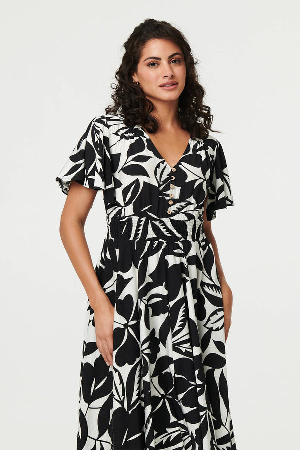 Black | Leaf Print Tie Waist Knee Length Dress