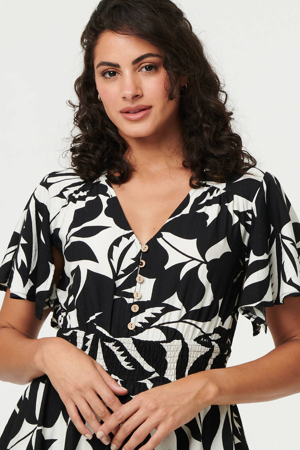 Black | Leaf Print Tie Waist Knee Length Dress