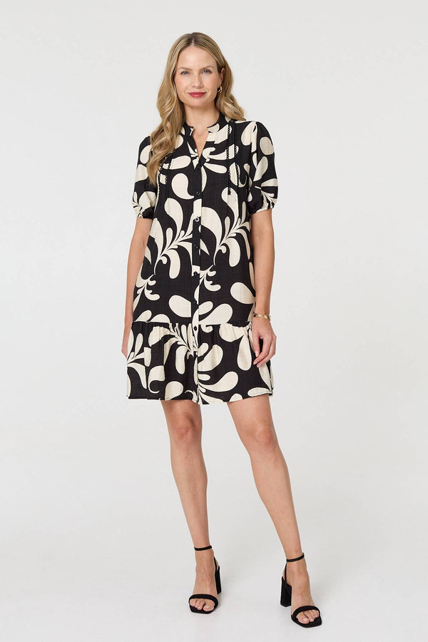 Black | Printed 1/2 Sleeve Tiered Short Dress