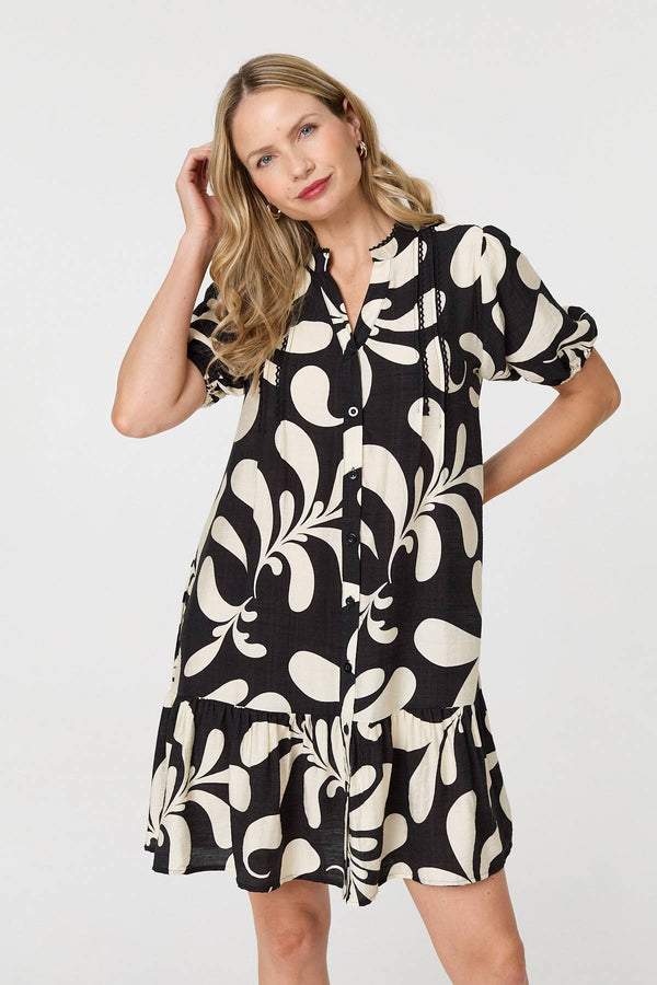 Black | Printed 1/2 Sleeve Tiered Short Dress