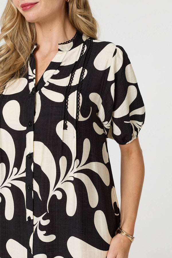 Black | Printed 1/2 Sleeve Tiered Short Dress