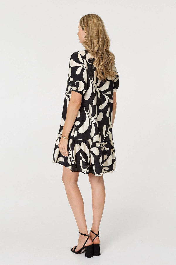 Black | Printed 1/2 Sleeve Tiered Short Dress
