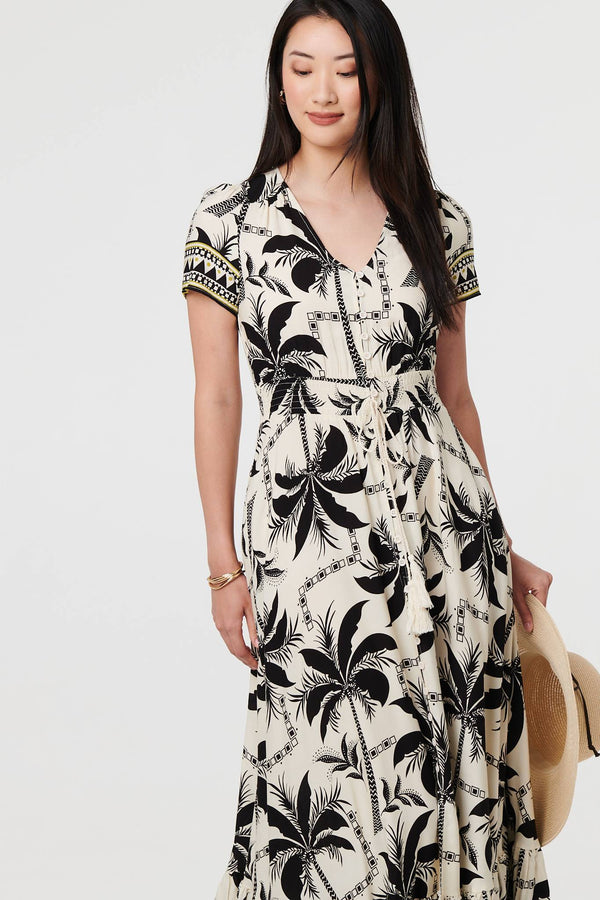 Black | Leaf Print Short Sleeve Maxi Smock Dress