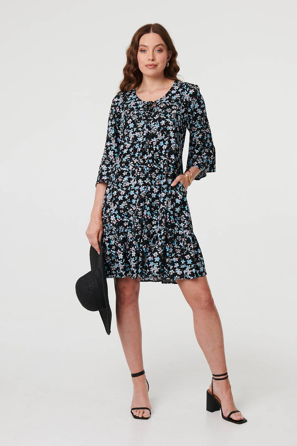 Black | Ditsy Floral Flare Sleeve Short Dress