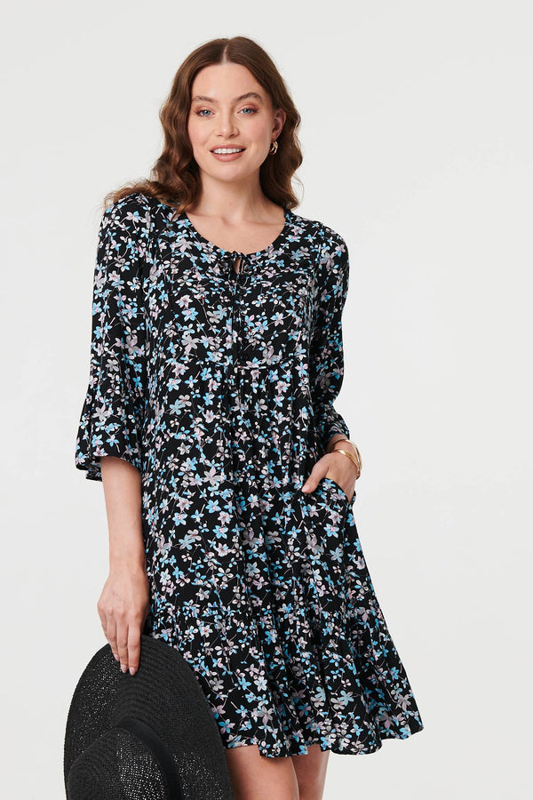 Black | Ditsy Floral Flare Sleeve Short Dress