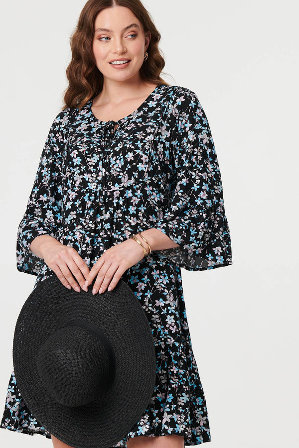 Black | Ditsy Floral Flare Sleeve Short Dress