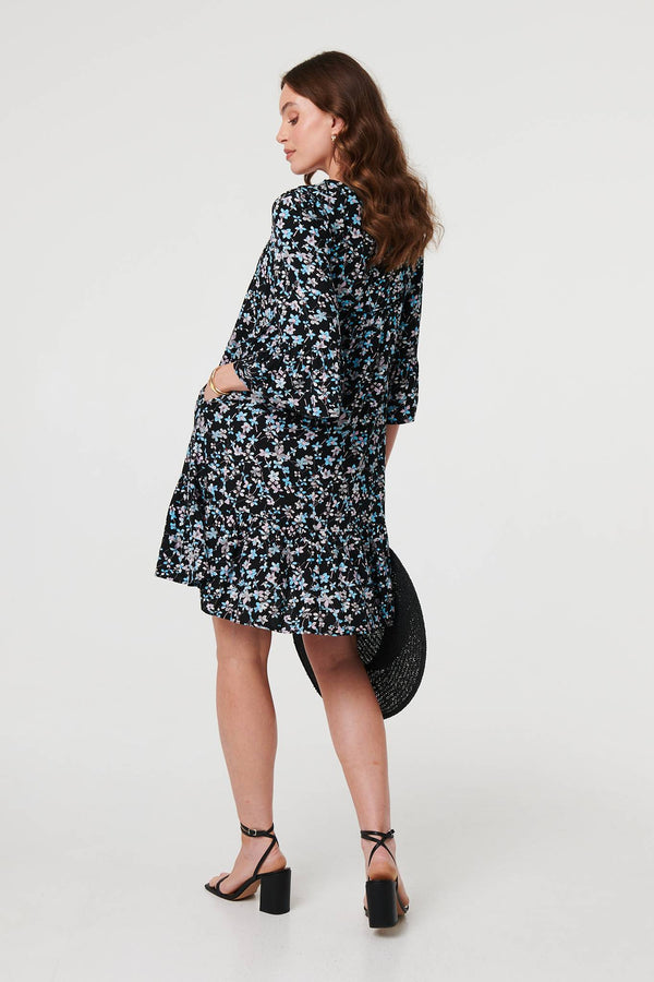 Black | Ditsy Floral Flare Sleeve Short Dress