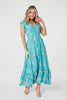 Blue | Floral Border Print V-Neck Dress