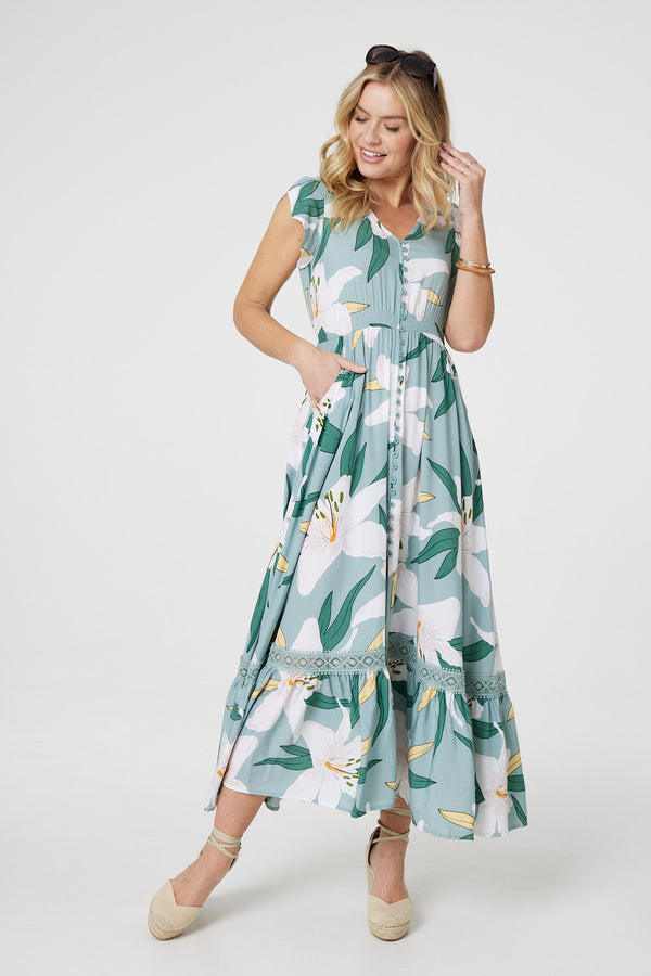 Green | Lilly Print Lace Trim Maxi Dress