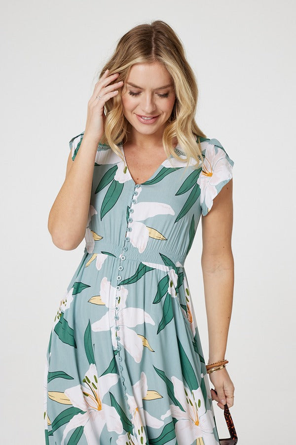 Green | Lilly Print Lace Trim Maxi Dress