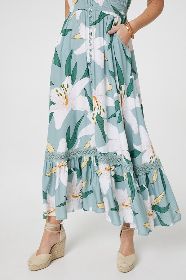 Green | Lilly Print Lace Trim Maxi Dress