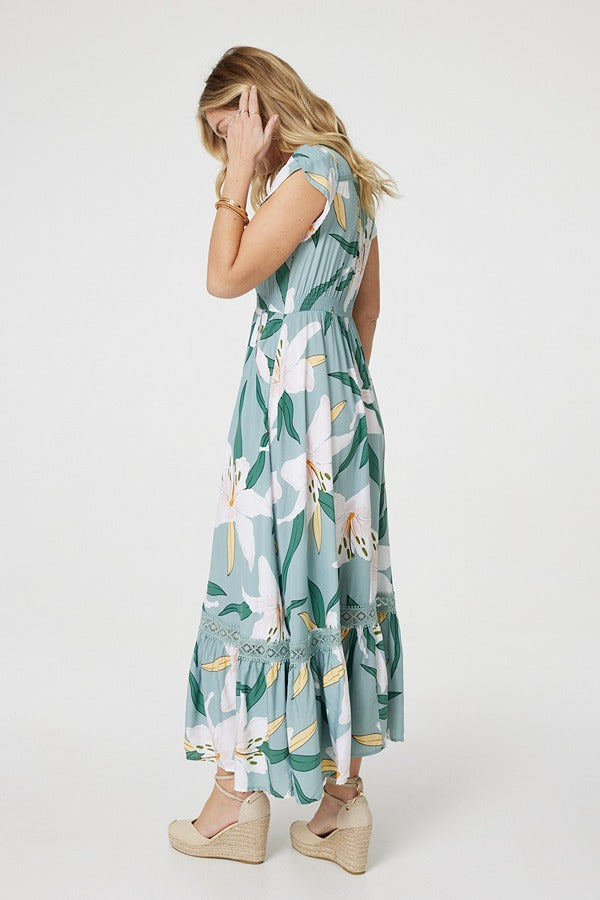 Green | Lilly Print Lace Trim Maxi Dress