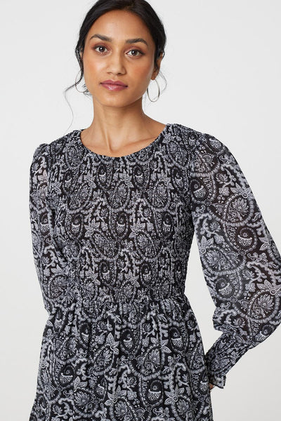 Paisley Long Puff Sleeve Midi Smock Dress | Izabel London