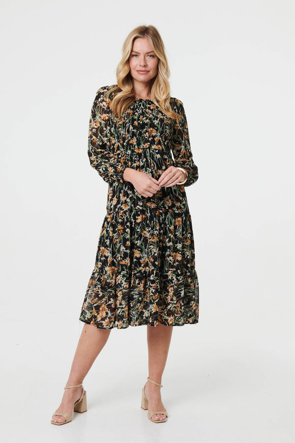 Black | Floral Long Sleeve Smocked Midi Dress