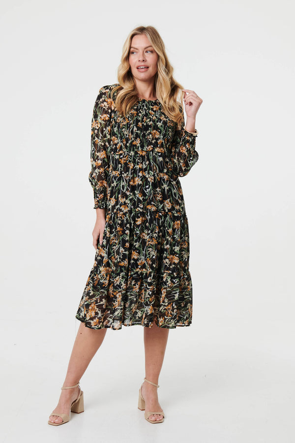 Black | Floral Long Sleeve Smocked Midi Dress