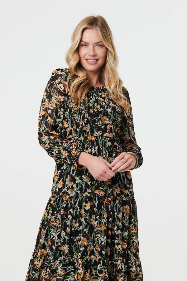 Black | Floral Long Sleeve Smocked Midi Dress