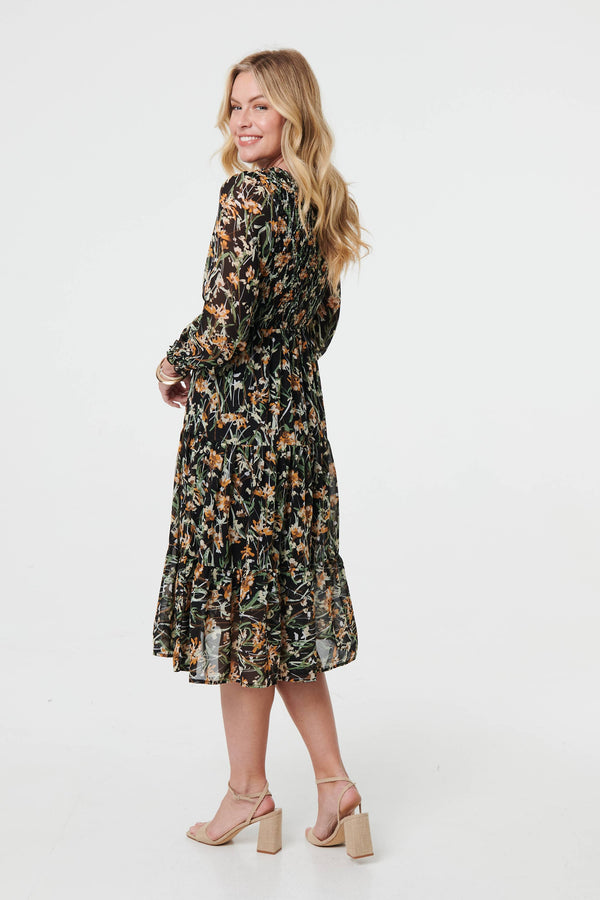 Black | Floral Long Sleeve Smocked Midi Dress