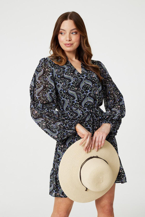 Black | Paisley V-Neck Long Sleeve Mini Dress
