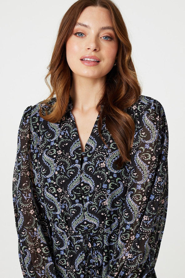 Black | Paisley V-Neck Long Sleeve Mini Dress