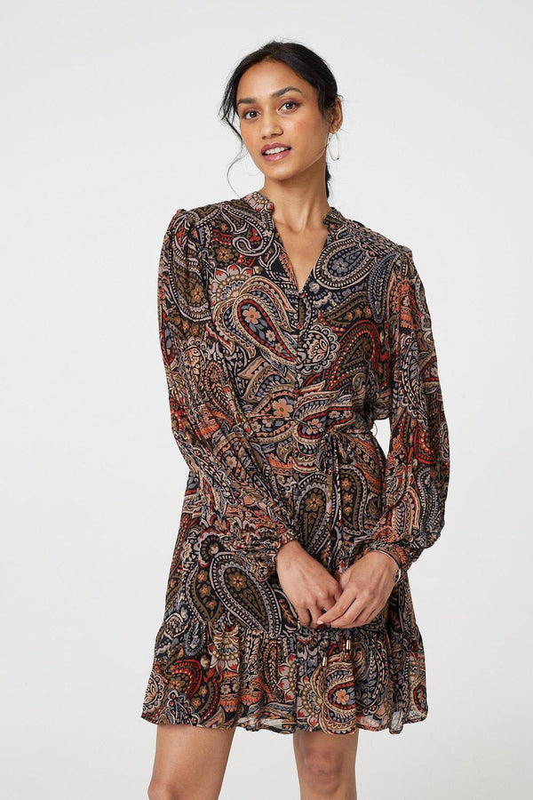 Black | Paisley Print Tie Waist Short Dress