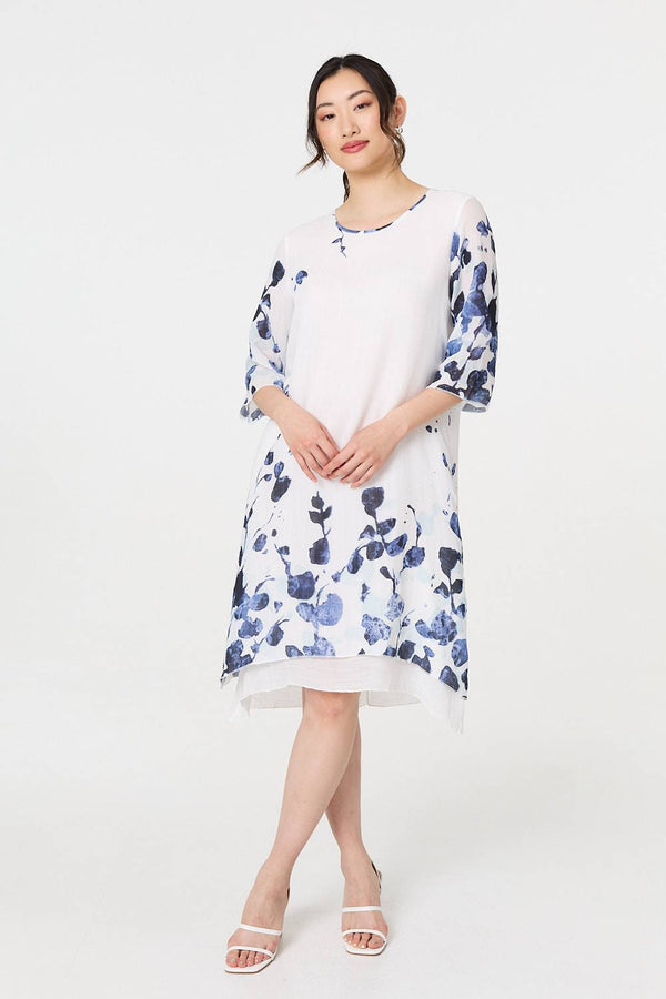 Blue | Floral 3/4 Sleeve Layered Hem Midi Dress