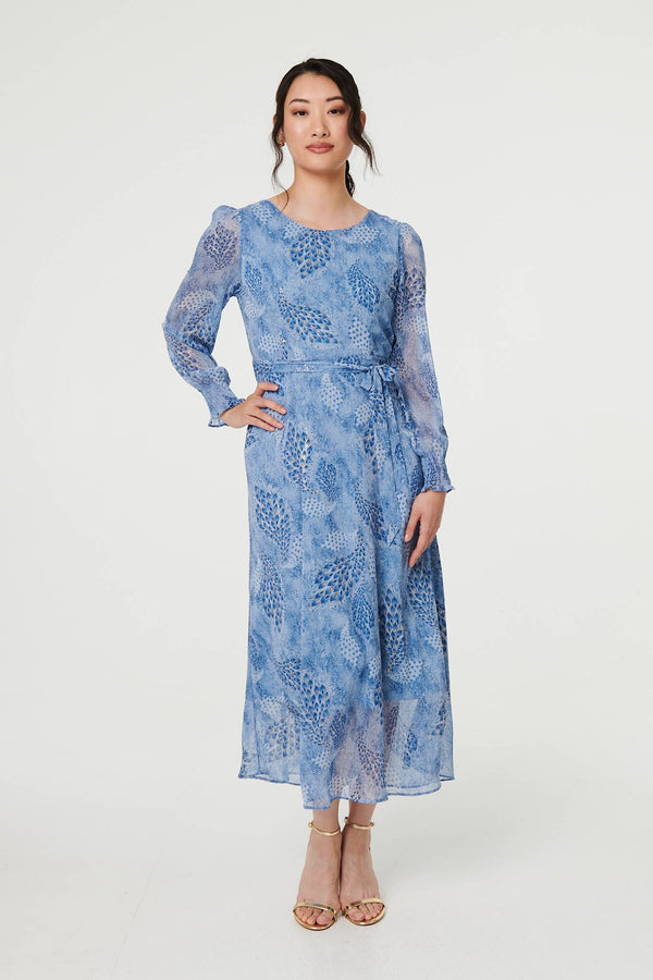 Blue | Feather Print Sheer Layered Maxi Dress