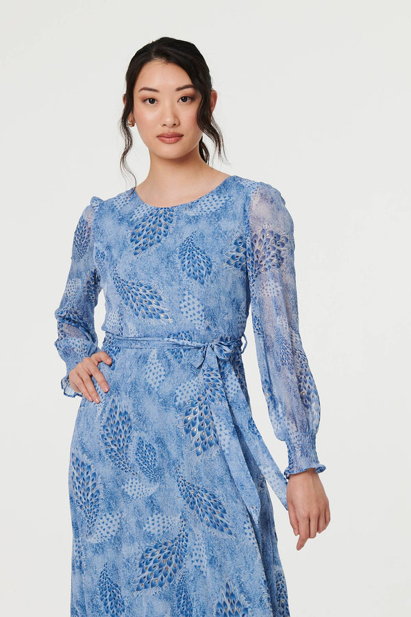 Blue | Feather Print Sheer Layered Maxi Dress