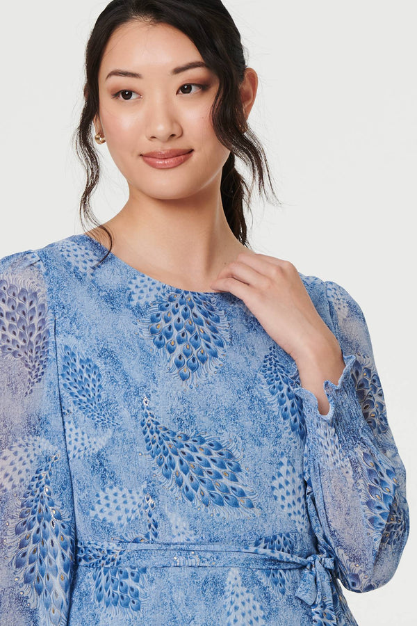Blue | Feather Print Sheer Layered Maxi Dress