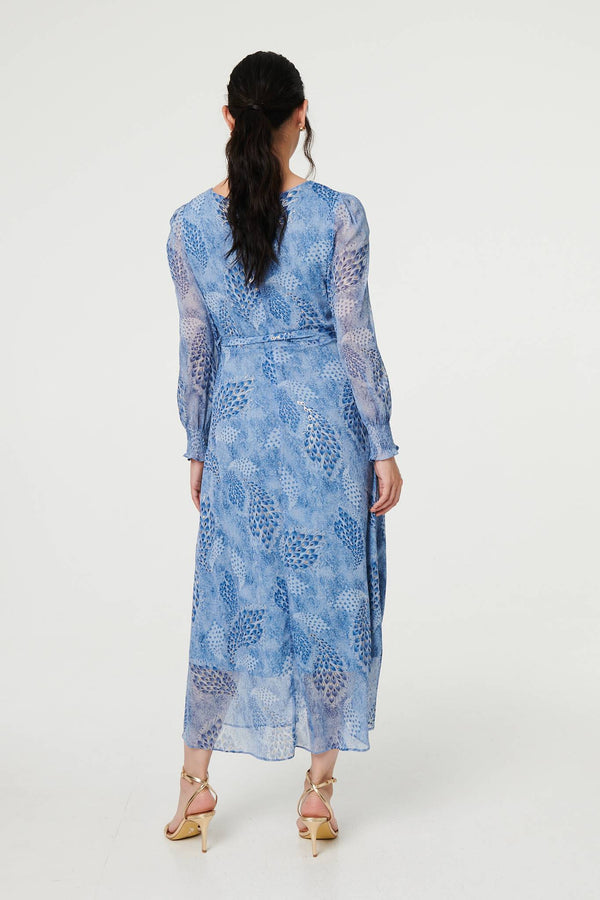 Blue | Feather Print Sheer Layered Maxi Dress