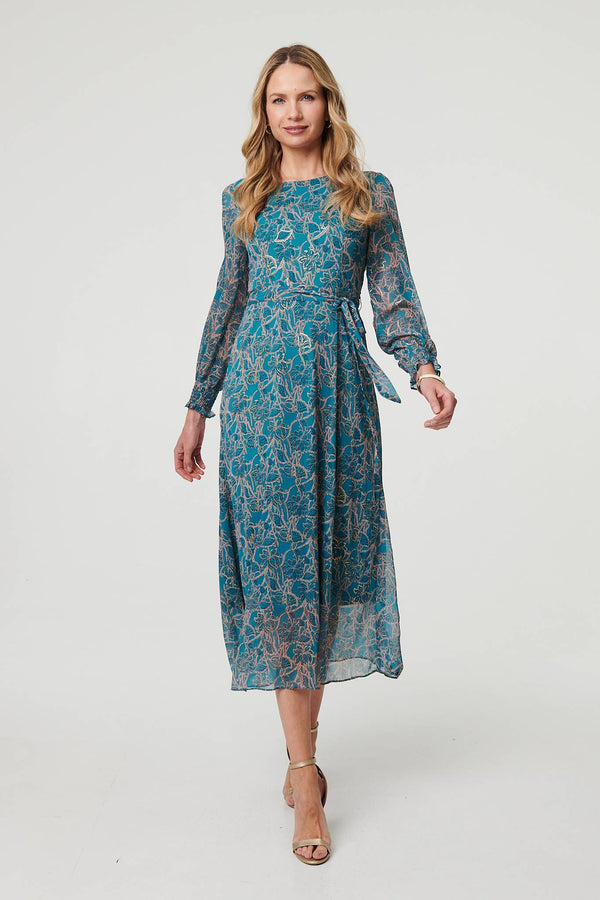 Teal | Printed Tie Waist Layered Midi Dress