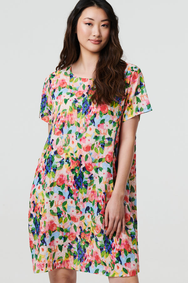 Pink | Floral Short Sleeve Shift Short Dress