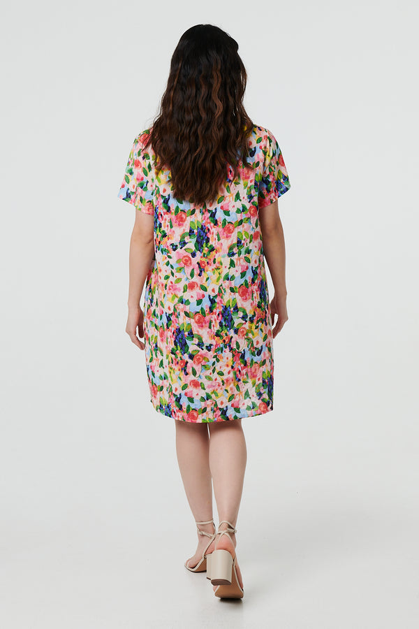 Pink | Floral Short Sleeve Shift Short Dress