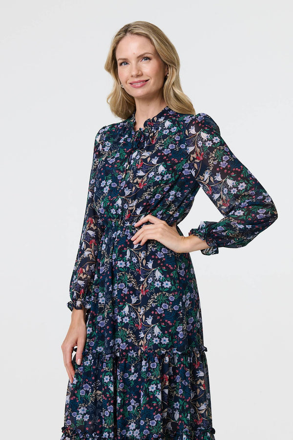 Navy | Floral Print Semi Sheer Midi Dress