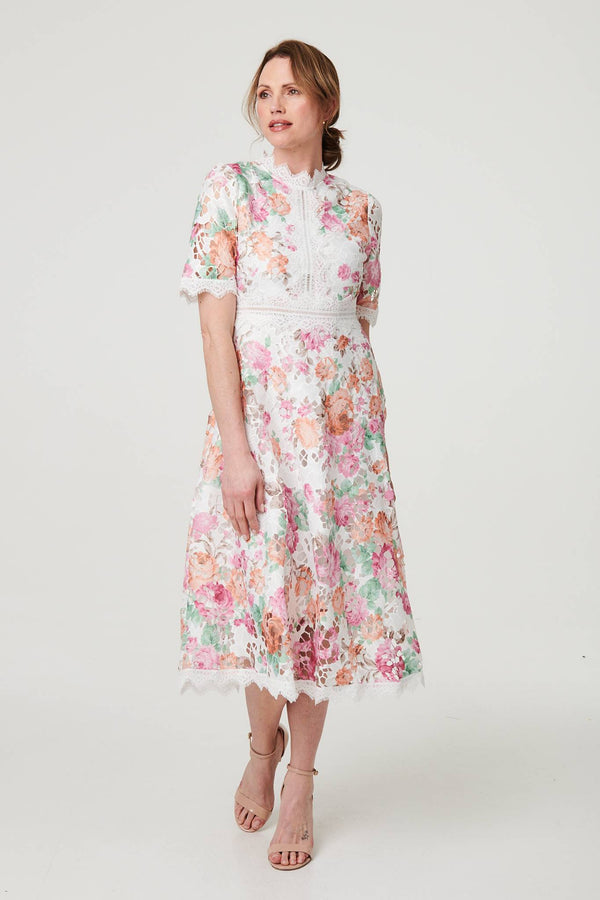 Pink | Floral Lace Trim Semi Sheer Midi Dress
